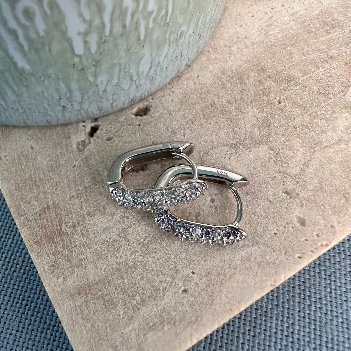 Aurae Oval Pave Gemstone Silver Huggie Earrings