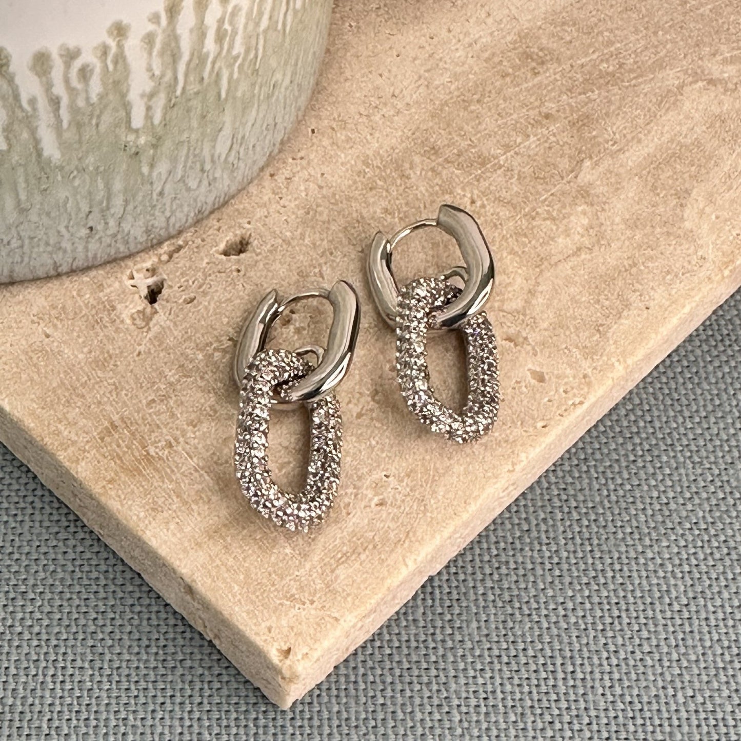 Aurae Silver Huggie Earrings with Pave Gemstone Charm