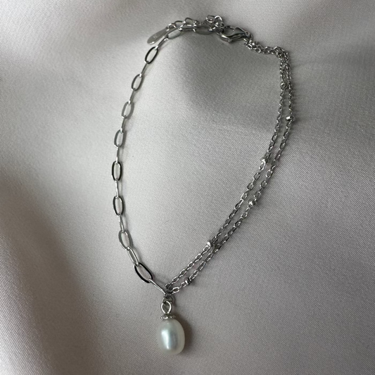 Pearl Drop Charm Sterling Silver Bracelet